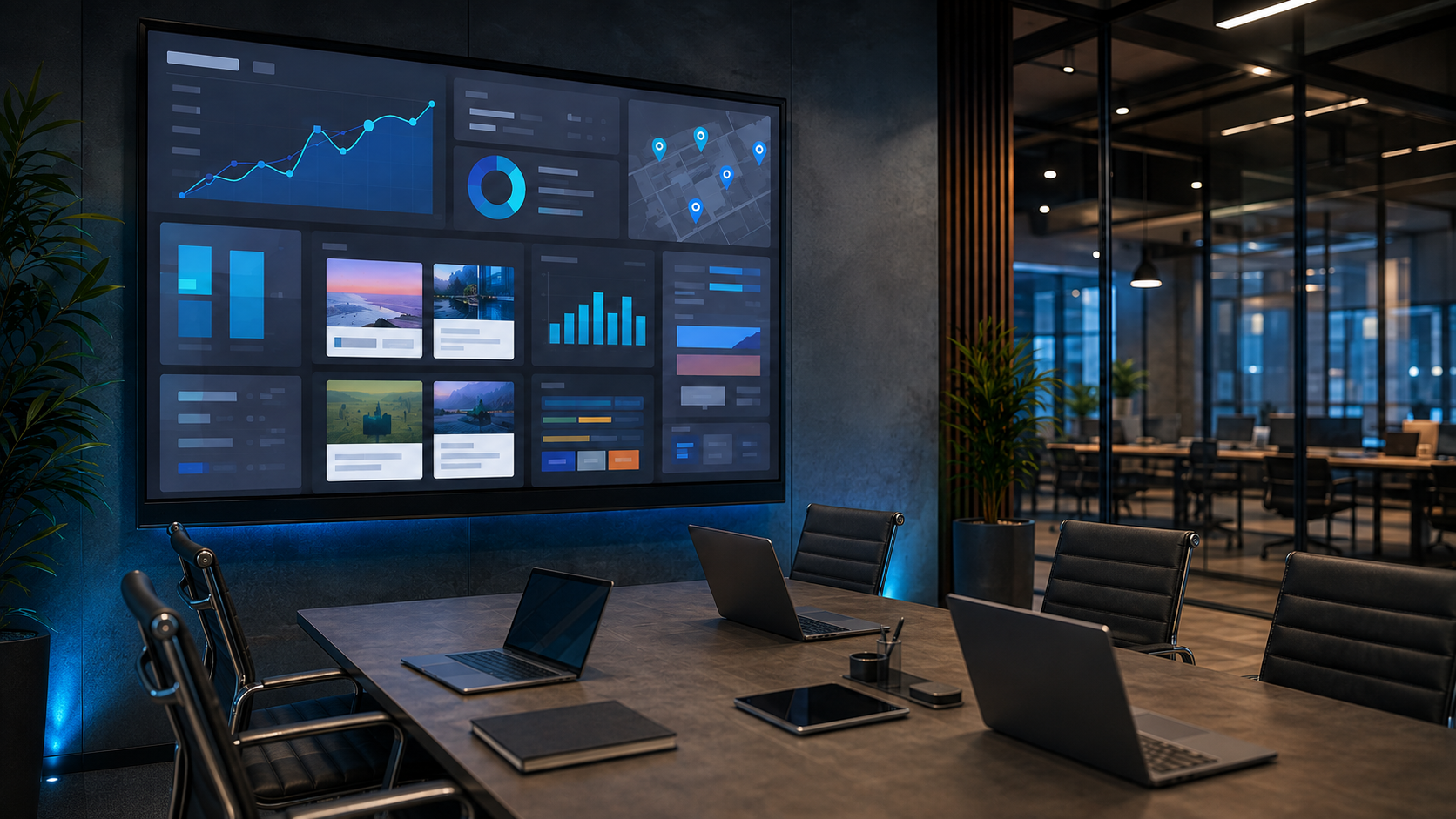 Digital strategy studio with campaign dashboards and creative workstations